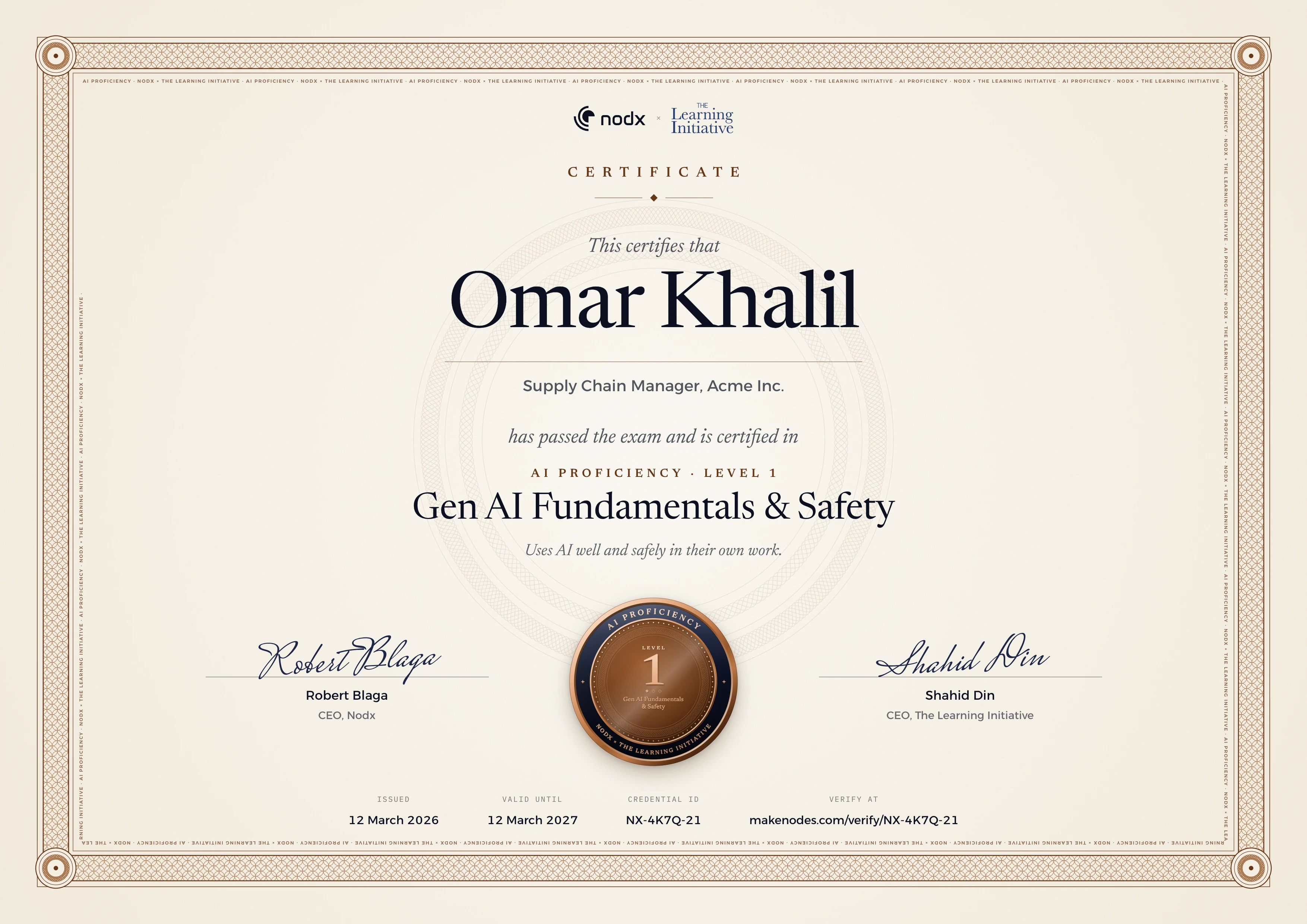 AI Proficiency Level 1 certificate: Gen AI Fundamentals & Safety. Uses AI well and safely in their own work.