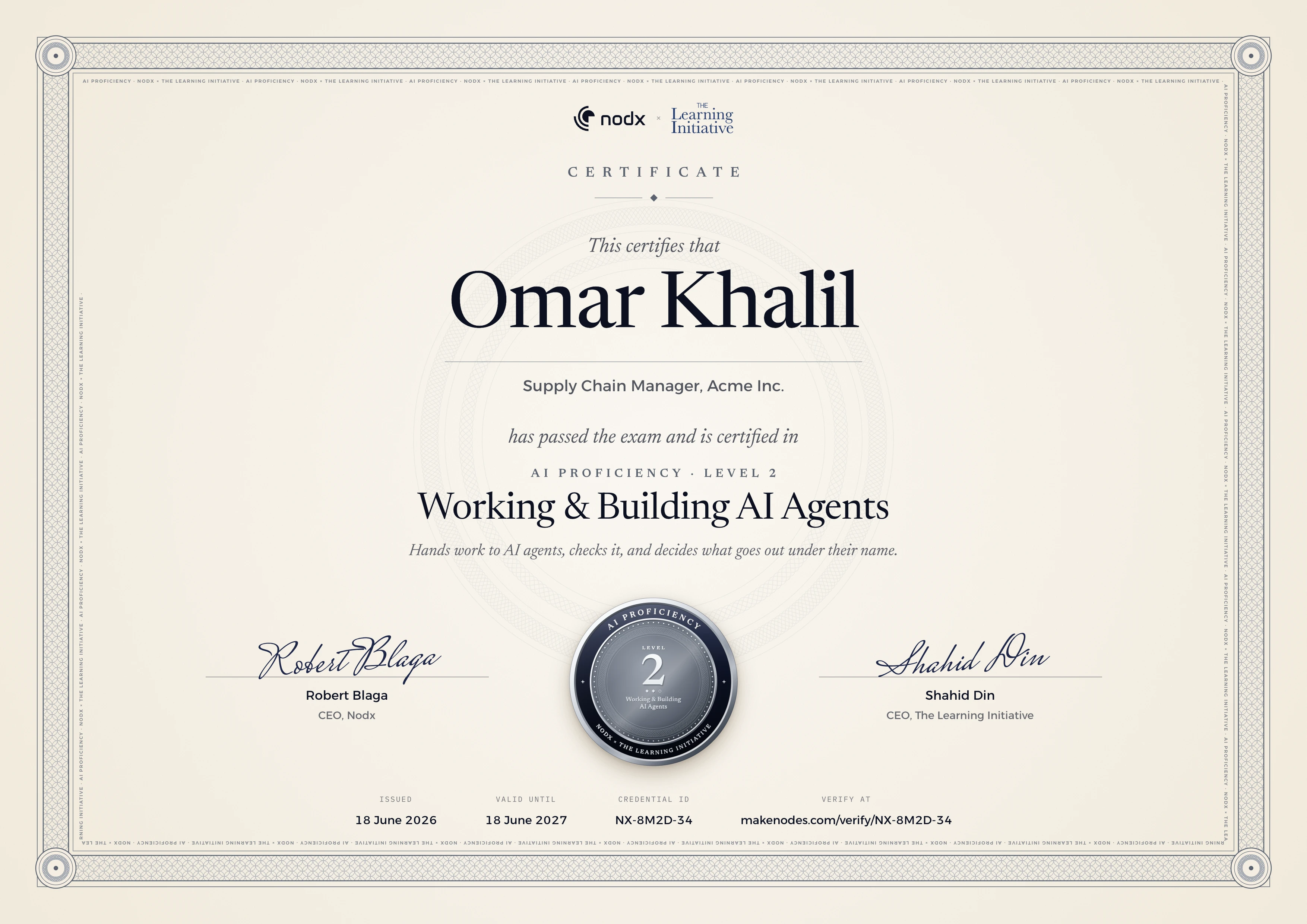 AI Proficiency Level 2 certificate: Working & Building AI Agents. Hands work to AI agents, checks it, and decides what goes out under their name.