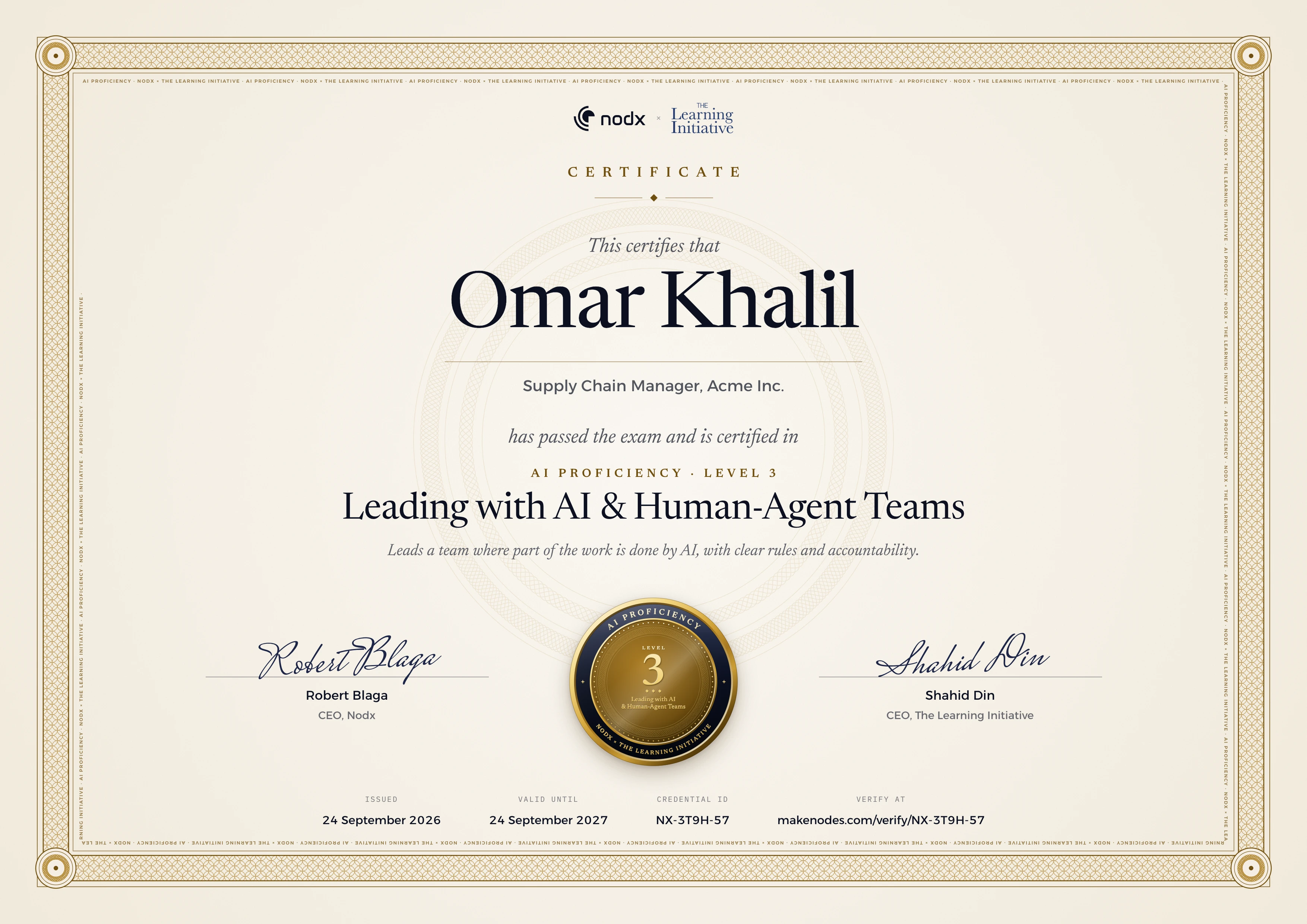 AI Proficiency Level 3 certificate: Leading with AI & Human-Agent Teams. Leads a team where part of the work is done by AI, with clear rules and accountability.