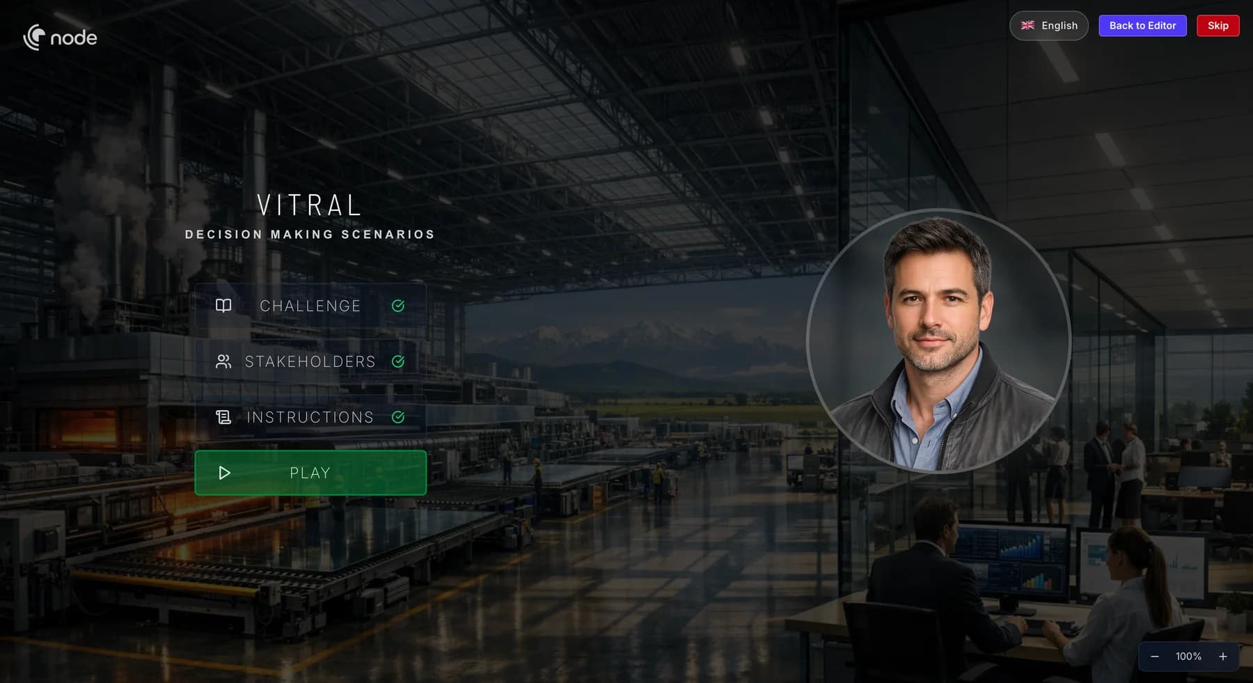 The opening screen of Vitral, a Nodx decision-making simulation set in a manufacturer's plant: the challenge, the stakeholders and the instructions, then Play